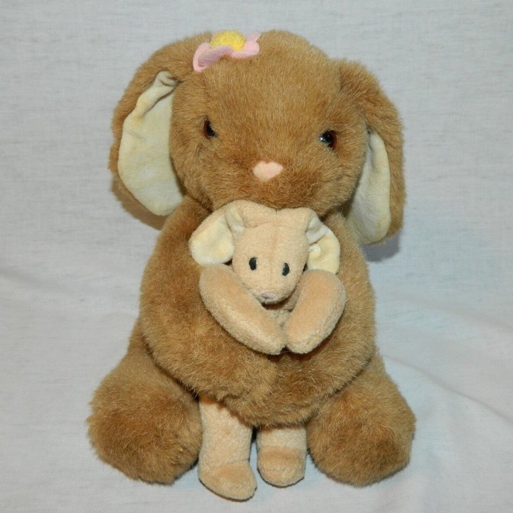 VTG Hallmark plush Brown Bunny Rabbit holding baby 7" pink flower Easter stuffed